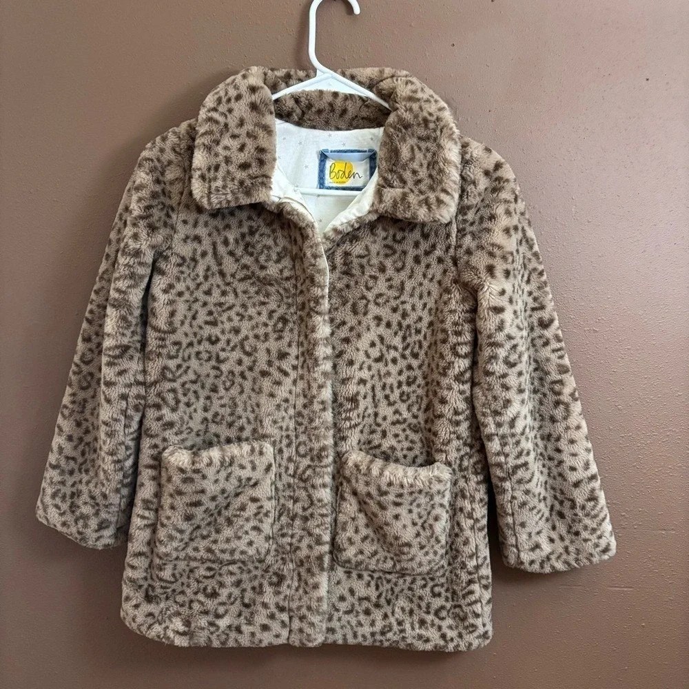 Boden Kids Leopard Print Faux Fur Coat Brown Tan Star Lining 9-10Y 140cm G0847